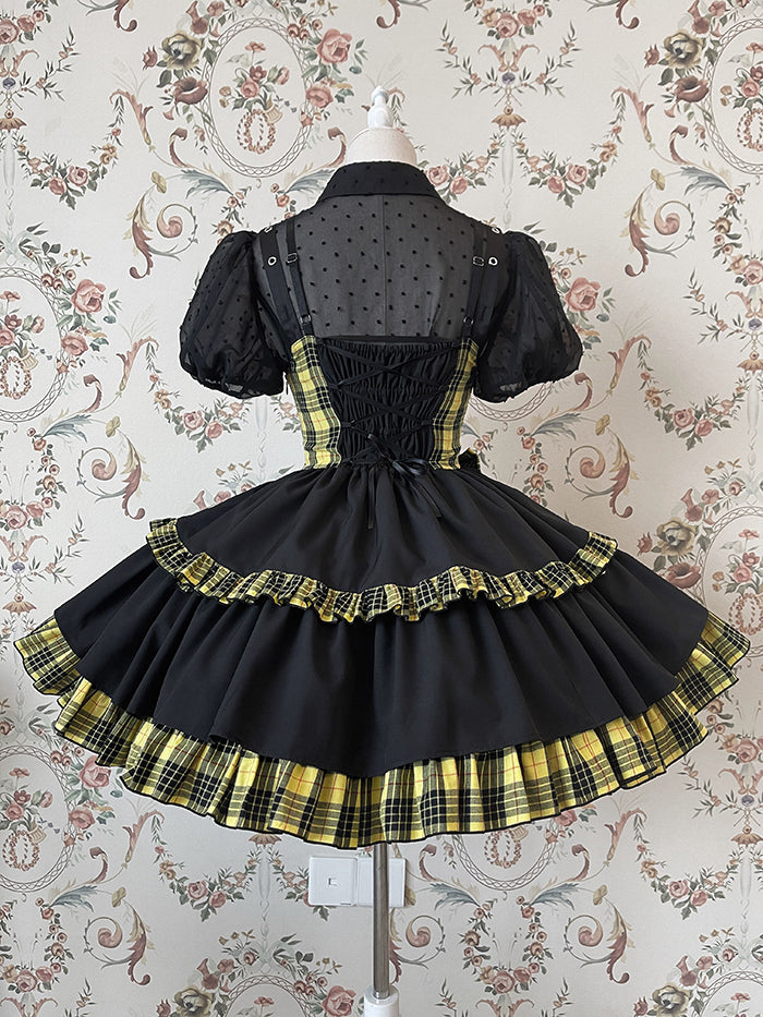 Punk Idol Lolita-Kleid, schwarz und kariert, blauer Pulloverrock