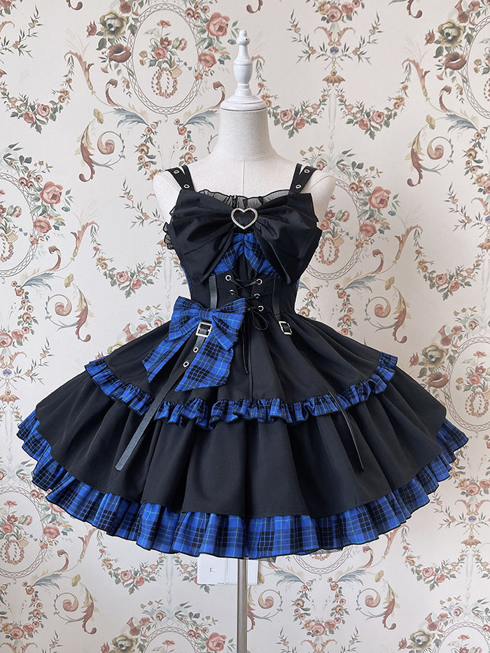 Punk Idol Lolita-Kleid, schwarz und kariert, blauer Pulloverrock