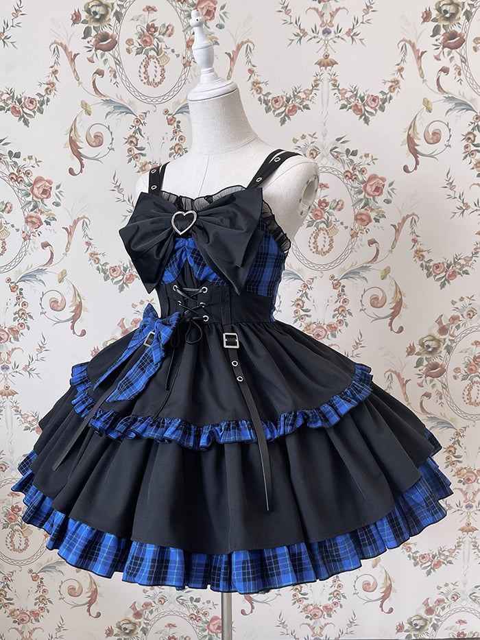 Punk Idol Lolita-Kleid, schwarz und kariert, blauer Pulloverrock