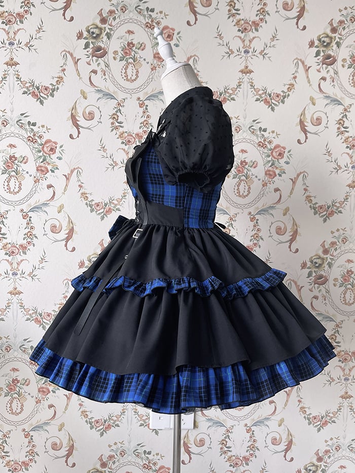 Punk Idol Lolita-Kleid, schwarz und kariert, blauer Pulloverrock