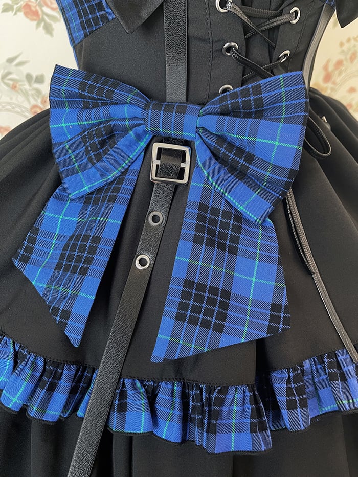Punk Idol Lolita-Kleid, schwarz und kariert, blauer Pulloverrock