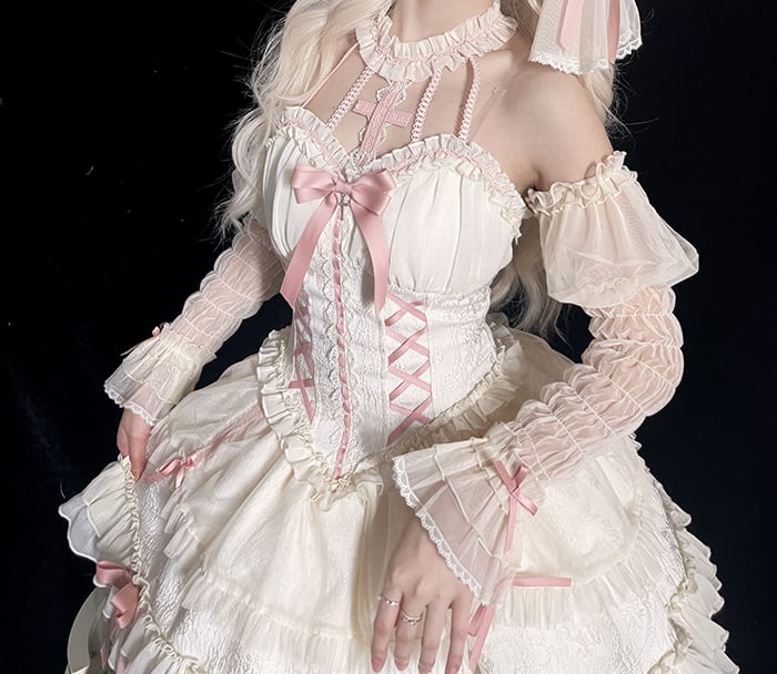 Cross Belle Ivory and Pink Corset Dress Halter Neck Balletcore Lolita JSK