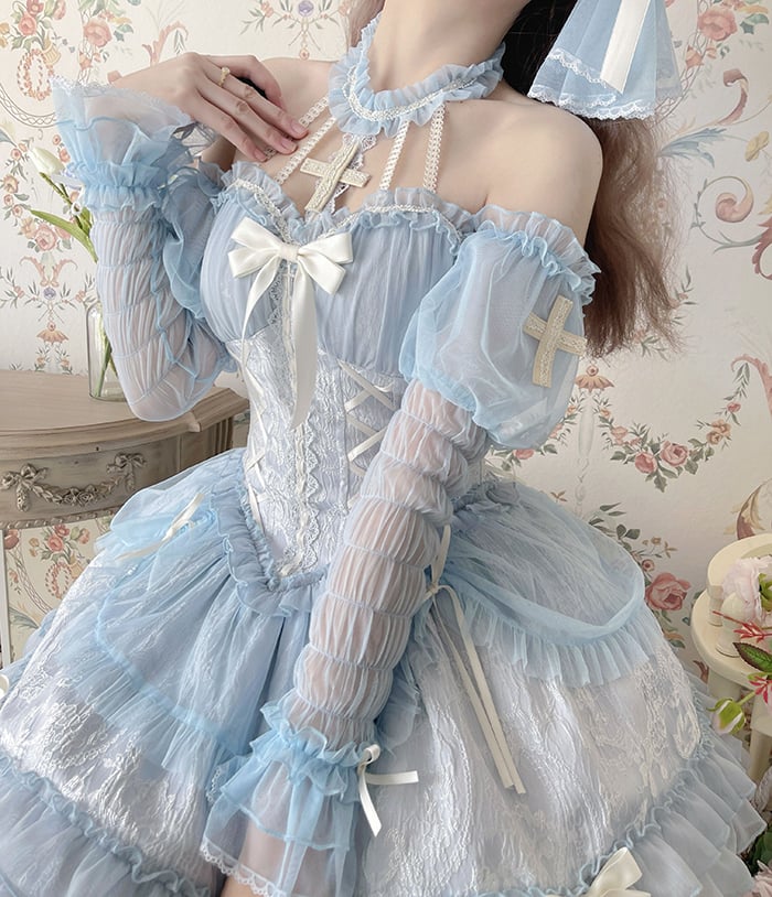 Cross Belle Blue Lolita Corset DressHalter Neck Balletcore JSK