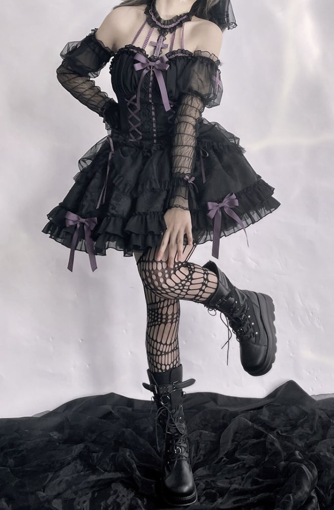 Cross Belle Black and Purple Corset Waist Gothic Lolita Dress