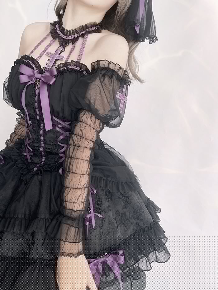 Cross Belle Black and Purple Corset Waist Gothic Lolita Dress