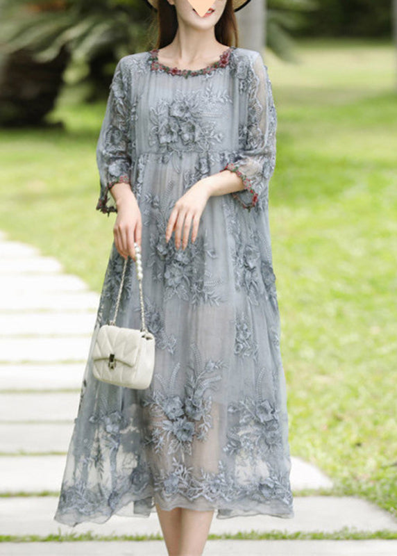 O-Neck Bracelet Long Sleeve Embroidered Grey Silk Dresses Elegant