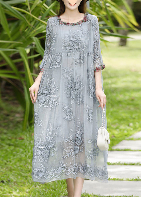 O-Neck Bracelet Long Sleeve Embroidered Grey Silk Dresses Elegant