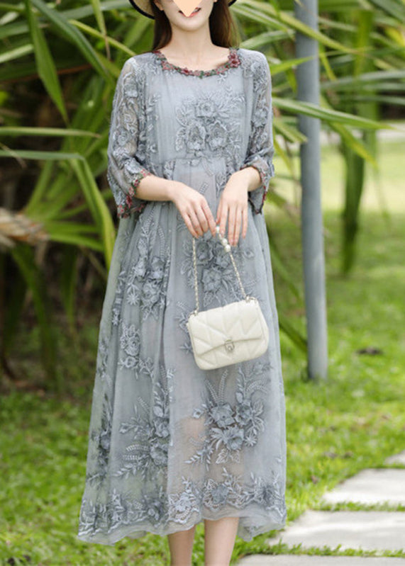 O-Neck Bracelet Long Sleeve Embroidered Grey Silk Dresses Elegant