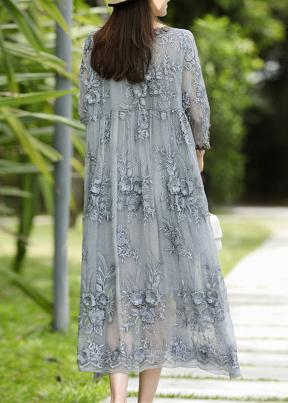 O-Neck Bracelet Long Sleeve Embroidered Grey Silk Dresses Elegant