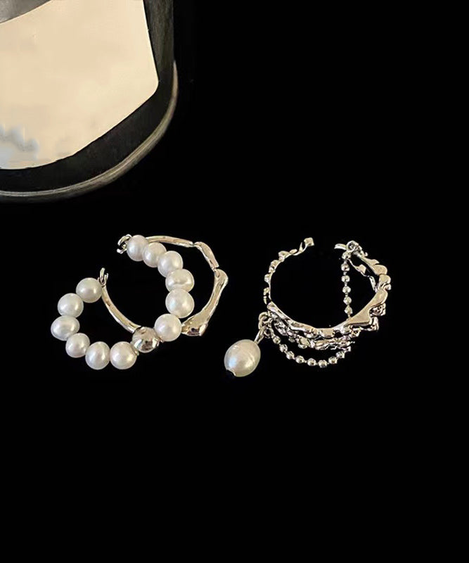 Set Tassel Pearl Rings Fine Metal Two-Piece