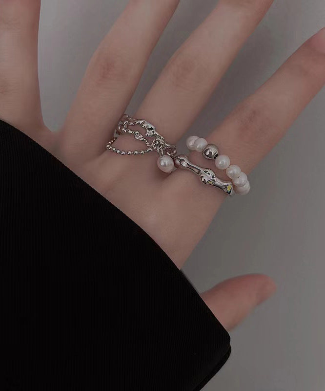 Set Tassel Pearl Rings Fine Metal Two-Piece