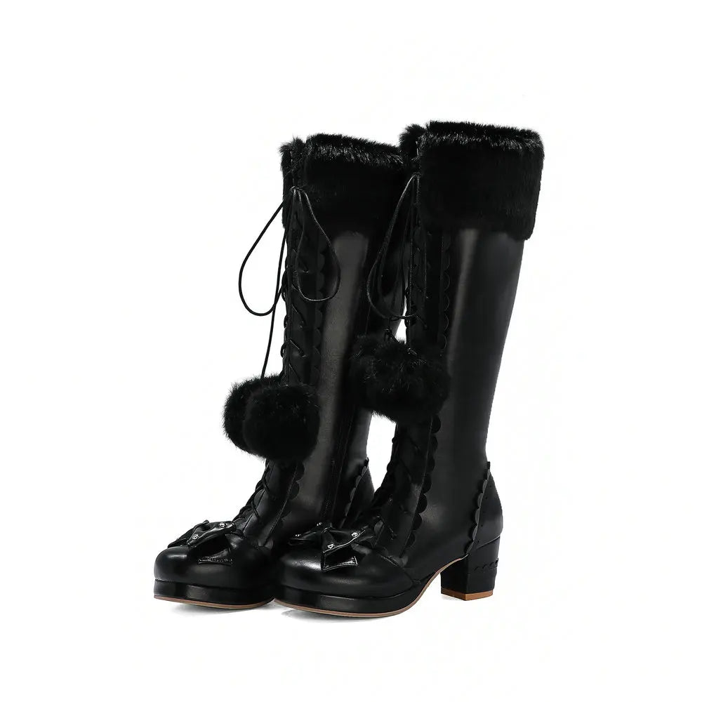 Lolita Warm Fur Bowtie Leather High Boots - 33-45