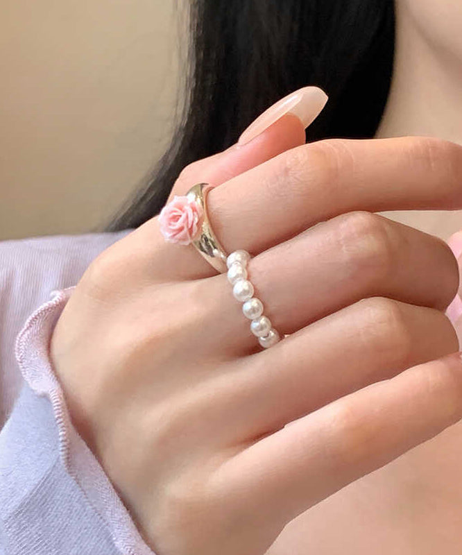 Set Alloy Rings Floral Pearl Two-Piece Handmade