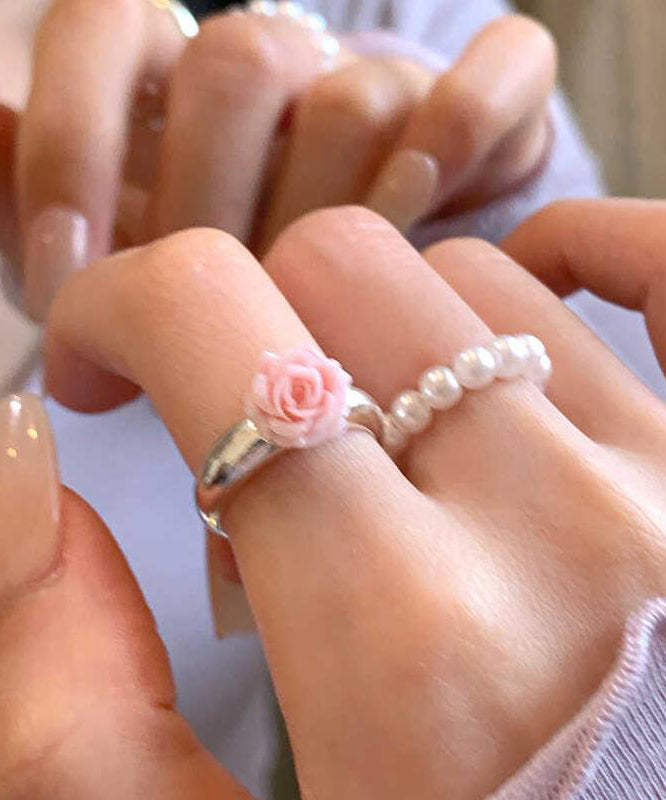 Set Alloy Rings Floral Pearl Two-Piece Handmade