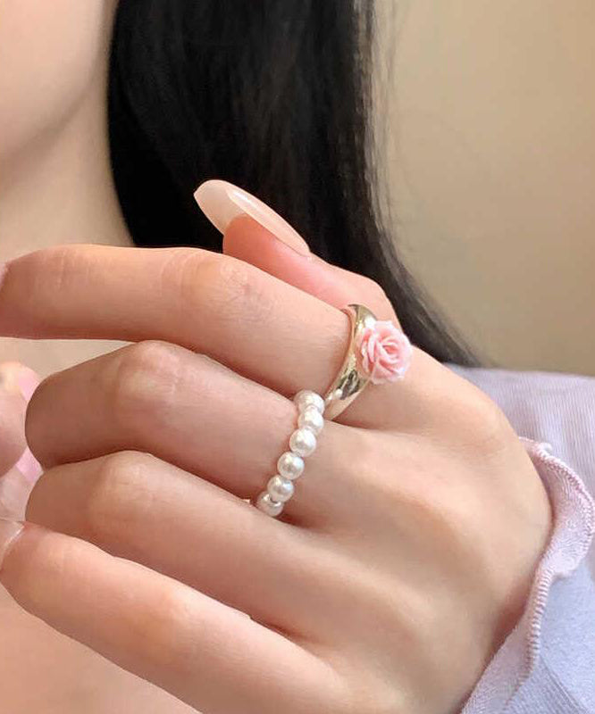 Set Alloy Rings Floral Pearl Two-Piece Handmade