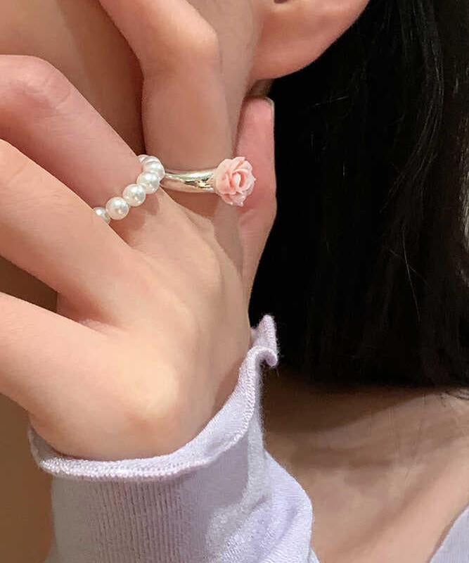 Set Alloy Rings Floral Pearl Two-Piece Handmade