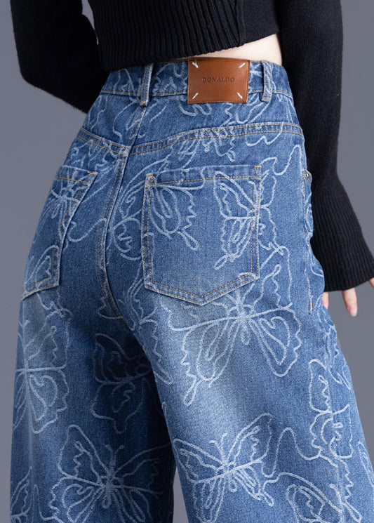 Denim High Trousers Summer Straight Pants Waist Print Italian Blue