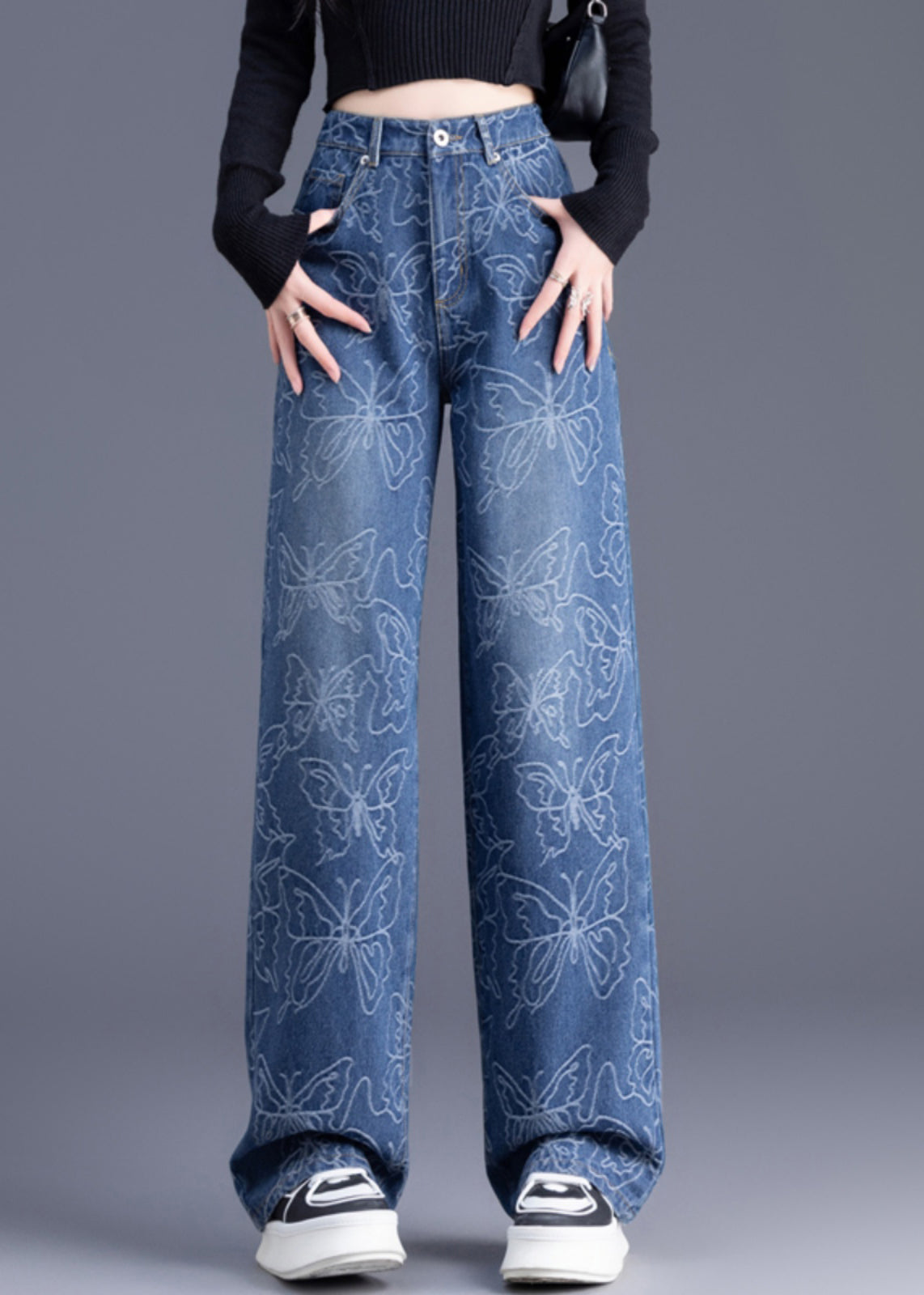 Denim Hohe Hose Sommer Gerade Hose Taille Print Italienisch Blau