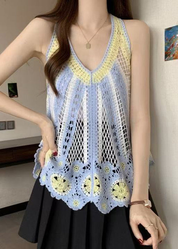Shirt Italian Hollow Neck V Blue Knit Sleeveless T Out