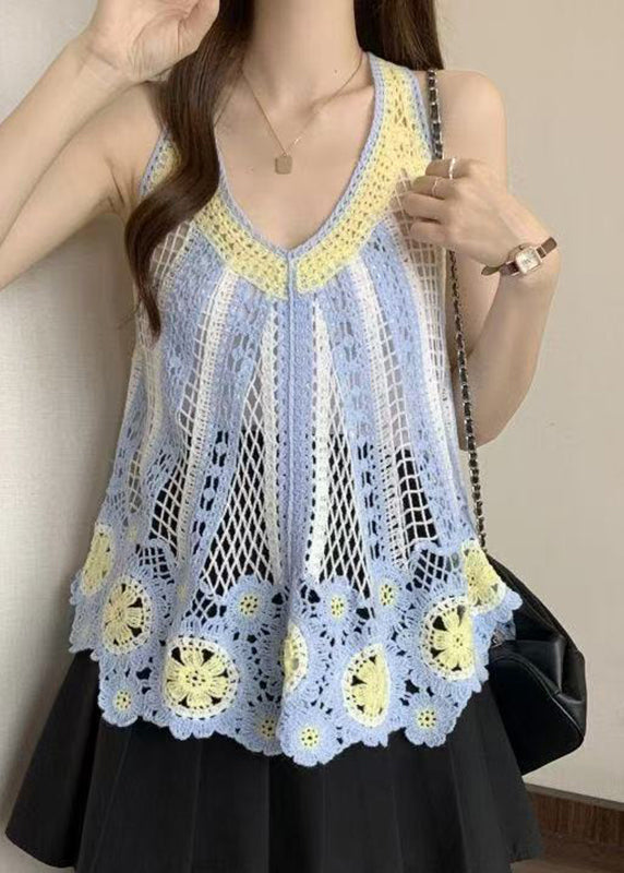 Shirt Italian Hollow Neck V Blue Knit Sleeveless T Out