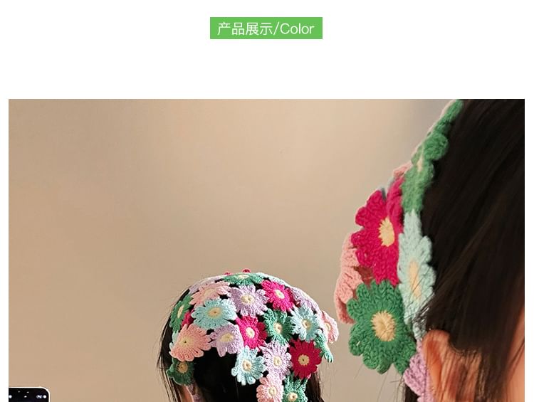Knit Floral Head Scarf Triangle