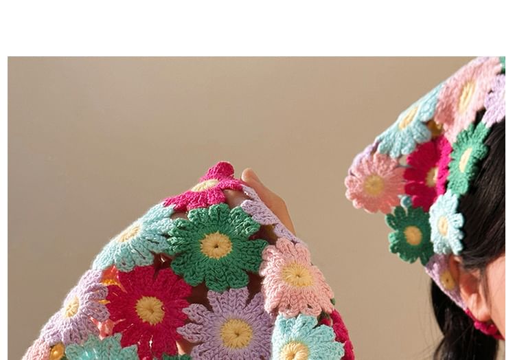 Knit Floral Head Scarf Triangle