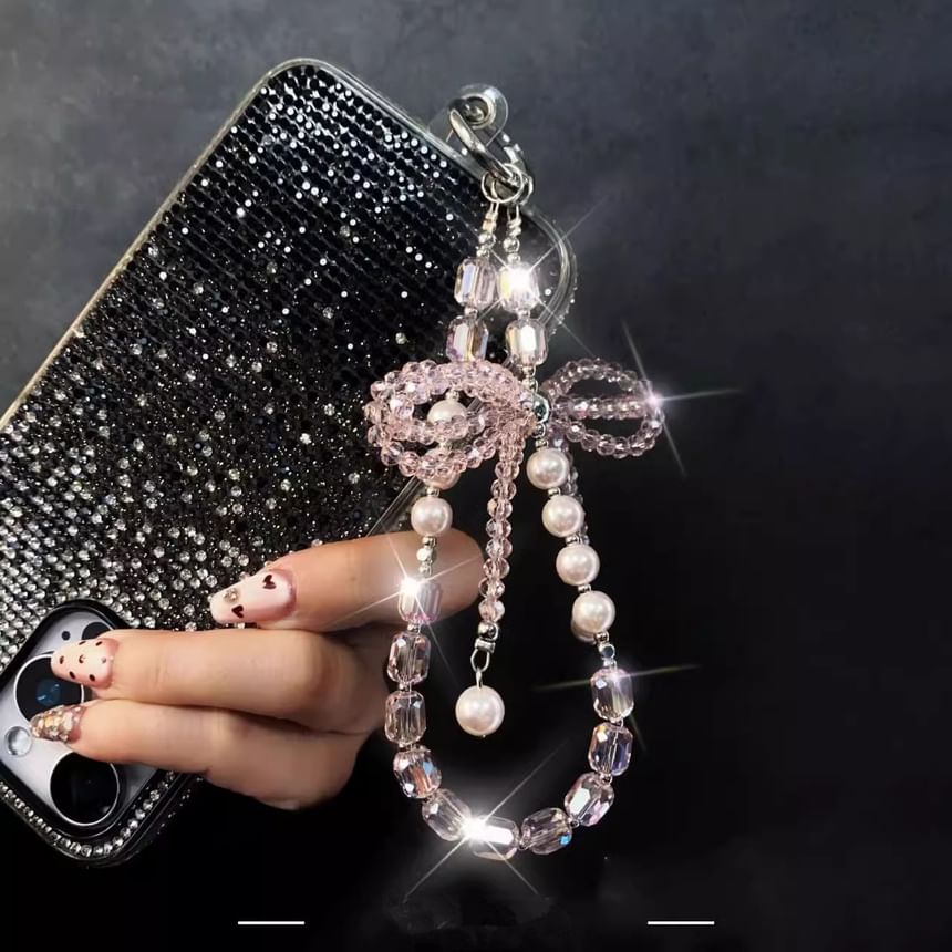 Pad Faux Phone with Pearl Lanyard Strap Bow Crystal
