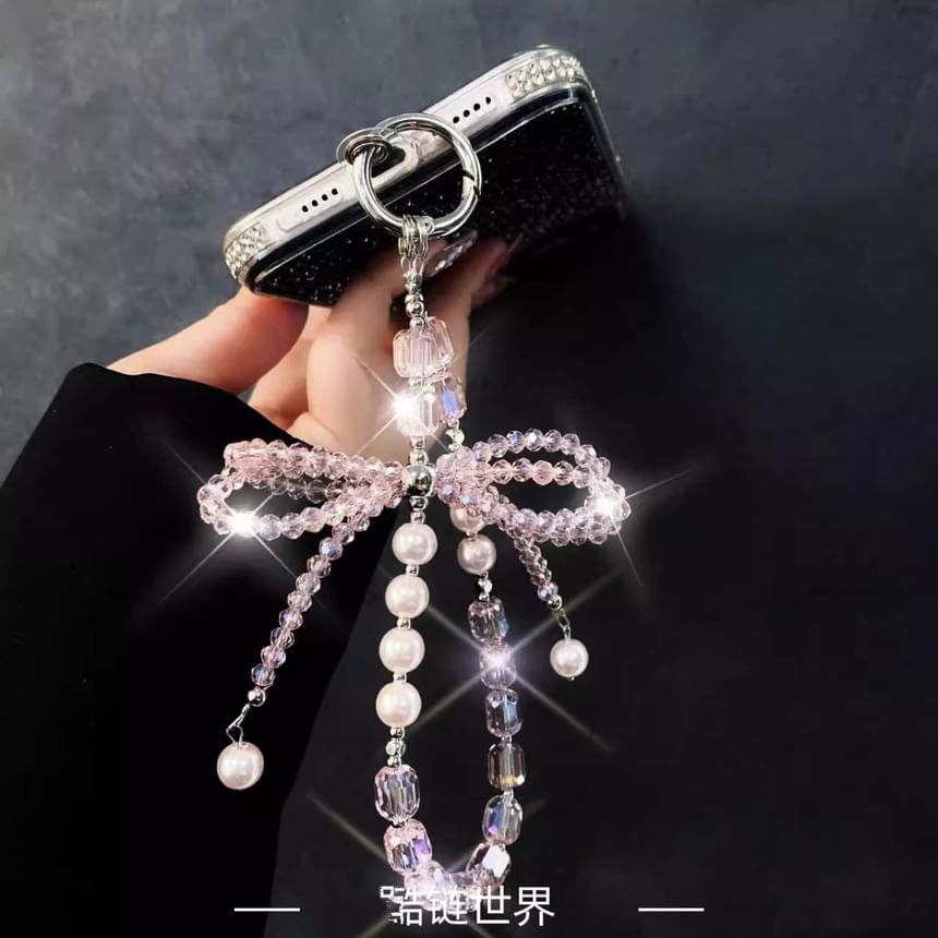 Pad Faux Phone with Pearl Lanyard Strap Bow Crystal