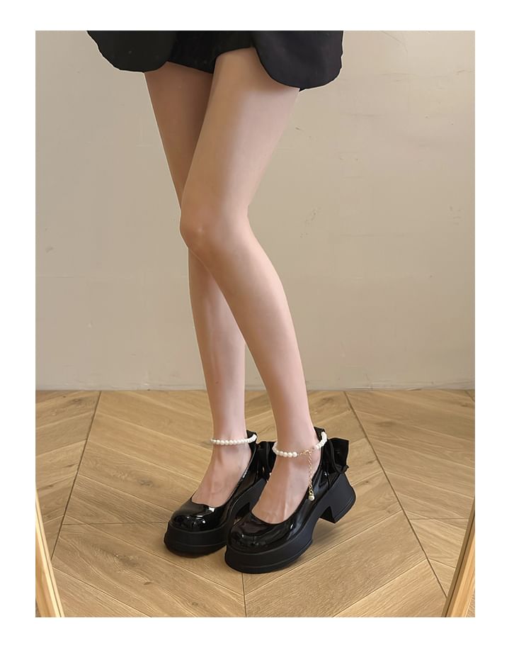 Ankle Strap Platform Pumps Patent Bow Leather