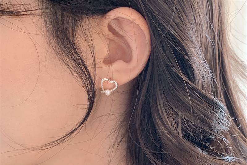 Earring Heart 925 Pearl Stud Faux Silver Sterling