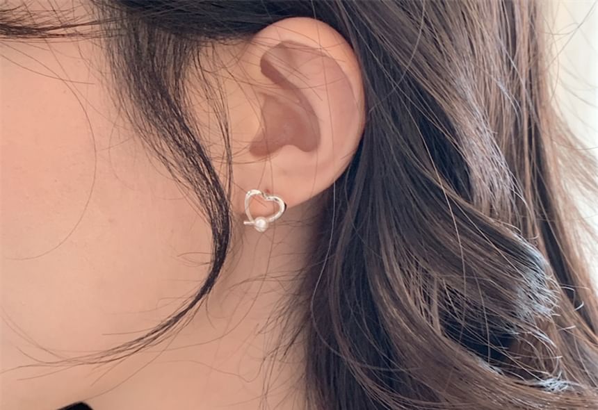 Earring Heart 925 Pearl Stud Faux Silver Sterling