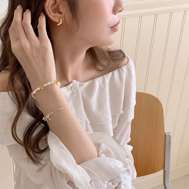 Bracelet Beaded Silver Bow / Natural 925 Pearl Sterling
