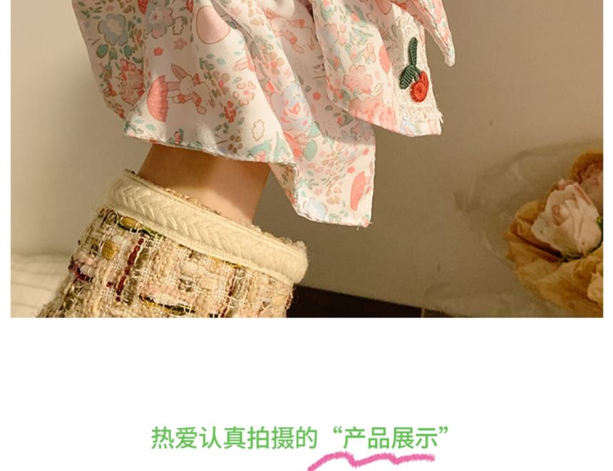 プリントアップリケフローラルスクエアチェリーシュシュ