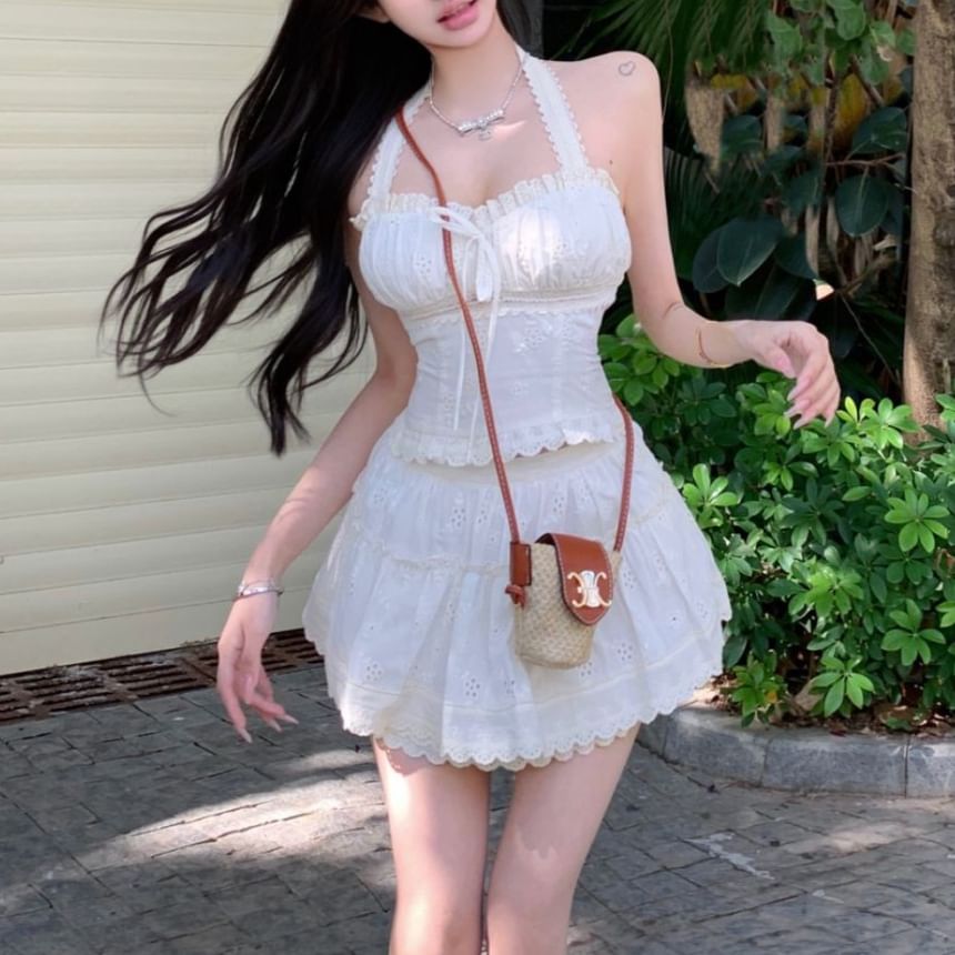 Mini Fit A-Line Halter Skirt Waist Slim Crop Elastic / Tiered Plain Top Bow