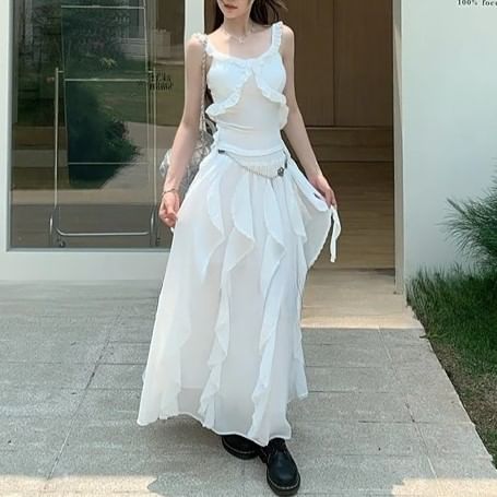 Slim Midi / Waist A-Line Tank Elastic Top Asymmetrical Trim Skirt Fit Plain Ruffle