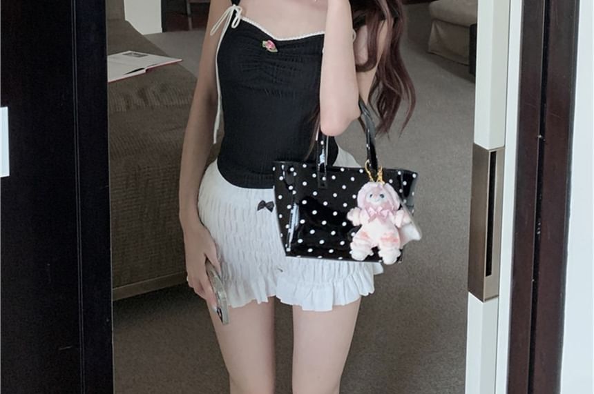 T-Shirt Trim Fit Contrast Slim Bow Cap-Sleeve Crop
