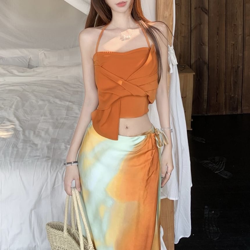 Knot Wrap Tie Fit / Mid Slim Crop Maxi Cami Halter A-Line Top Skirt Plain Rise Dye