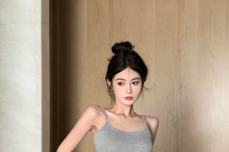 Fit Slim Camisole Elastic / Pencil Skirt Drawstring Top Mini Set Cardigan Waist Melange Crop