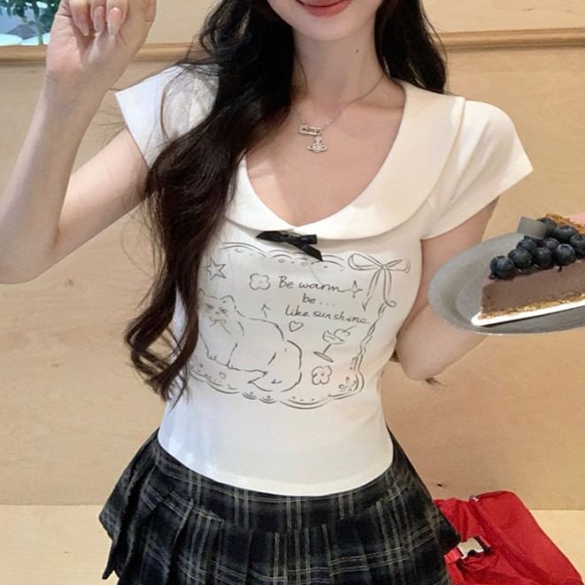 Top Collared Cat Cap Print Sleeve Bow