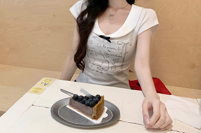 Top Collared Cat Cap Print Sleeve Bow