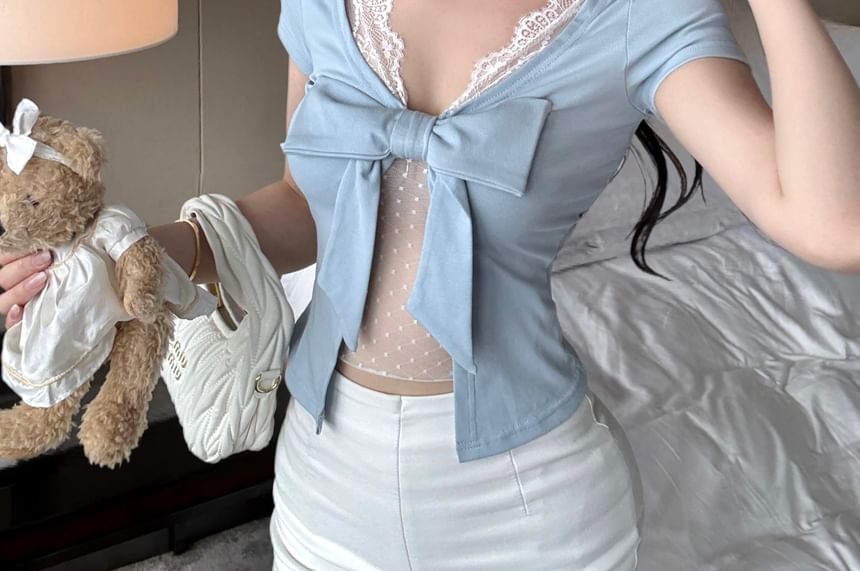 Lace Short Panel Top V-Neck Sleeve Bow