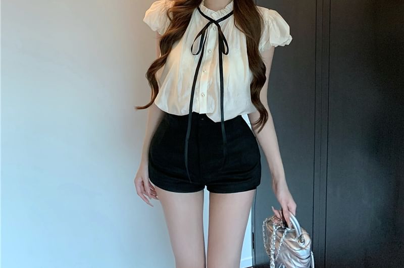 Blouse Sleeve Stand Plain High Waist Cap Collar Frill Bow Shorts /