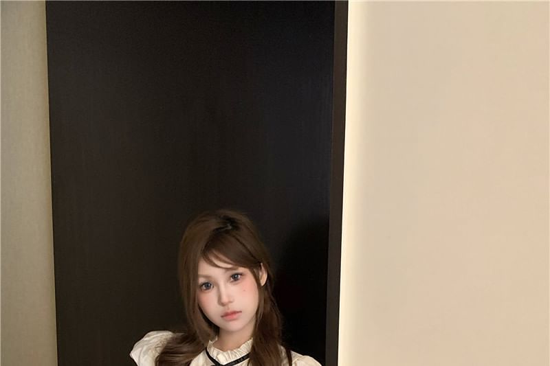 Blouse Sleeve Stand Plain High Waist Cap Collar Frill Bow Shorts /