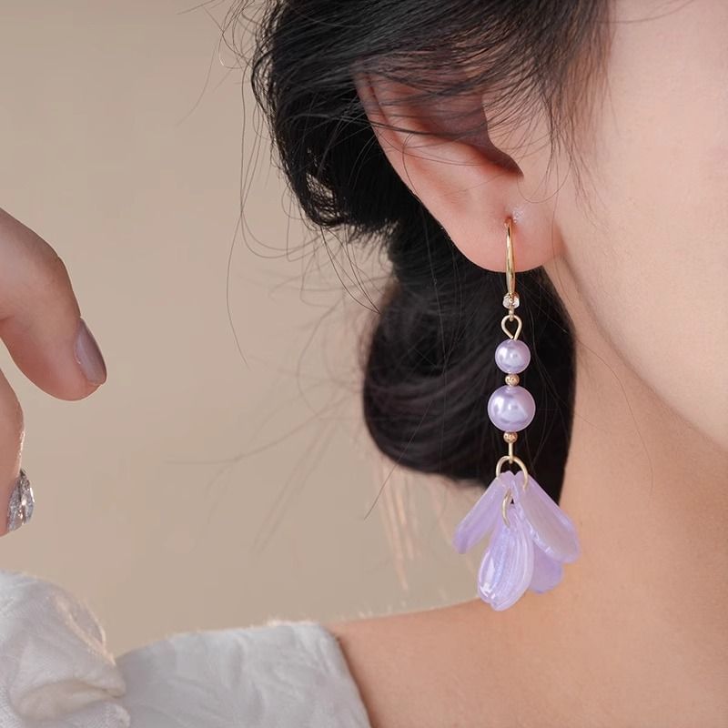 Alloy Earring Pearl Dangle Faux Petal