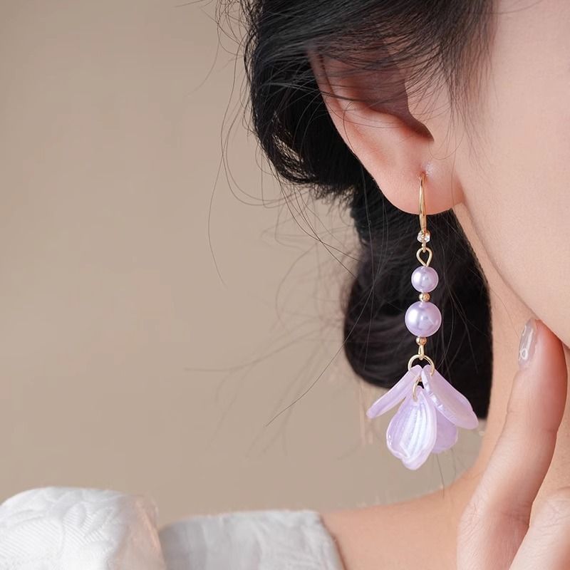 Alloy Earring Pearl Dangle Faux Petal