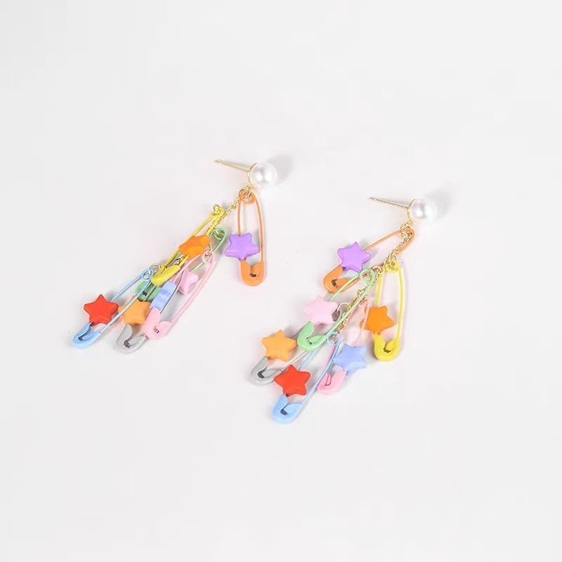 Faux Pin Chandelier Safety Pearl Earring Star Alloy