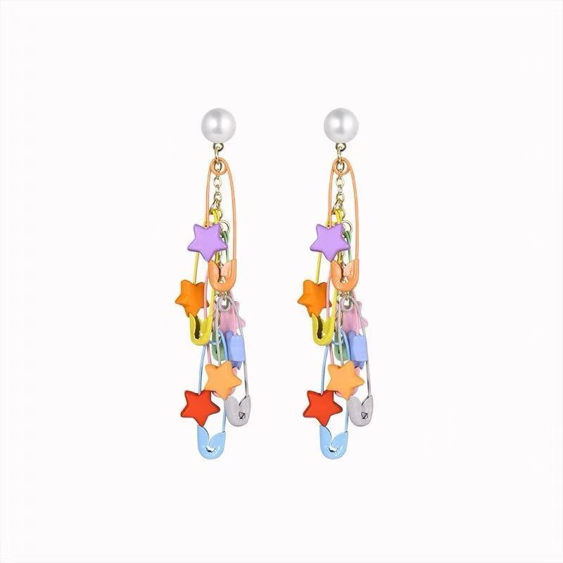 Faux Pin Chandelier Safety Pearl Earring Star Alloy
