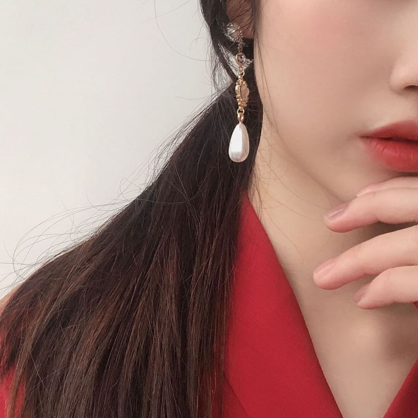 Dangle Pearl Alloy Heart Earring Faux Rhinestone