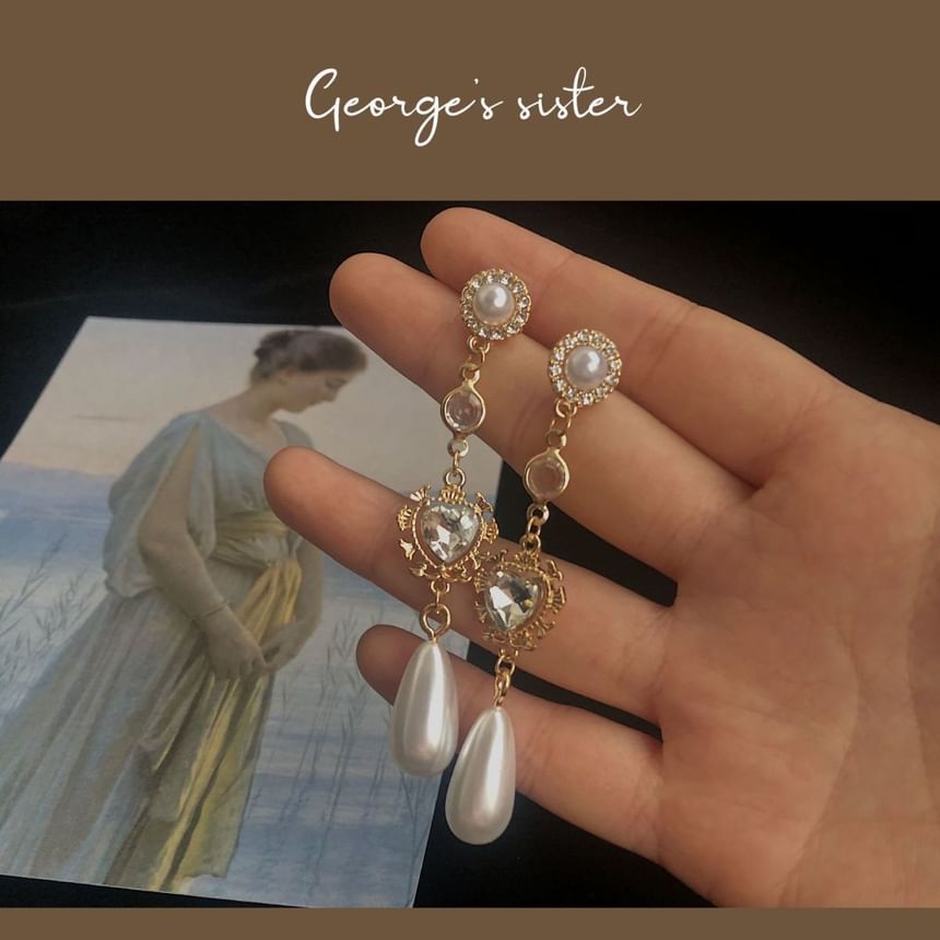 Dangle Pearl Alloy Heart Earring Faux Rhinestone
