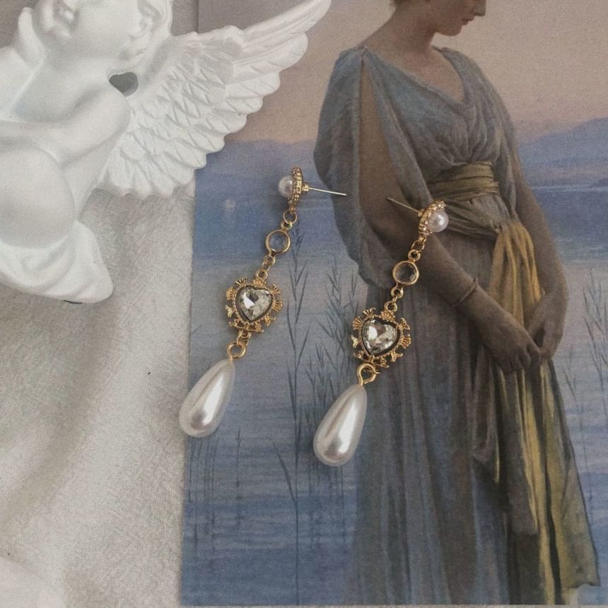 Dangle Pearl Alloy Heart Earring Faux Rhinestone